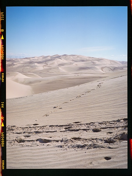 footprints in the desert with all details in focus