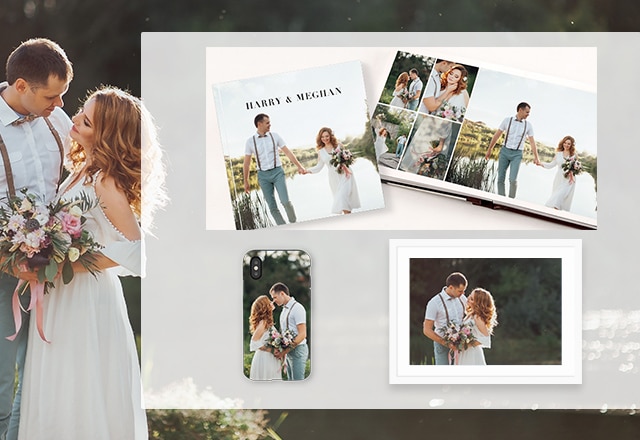 wedding couple next to a collage of wedding photos