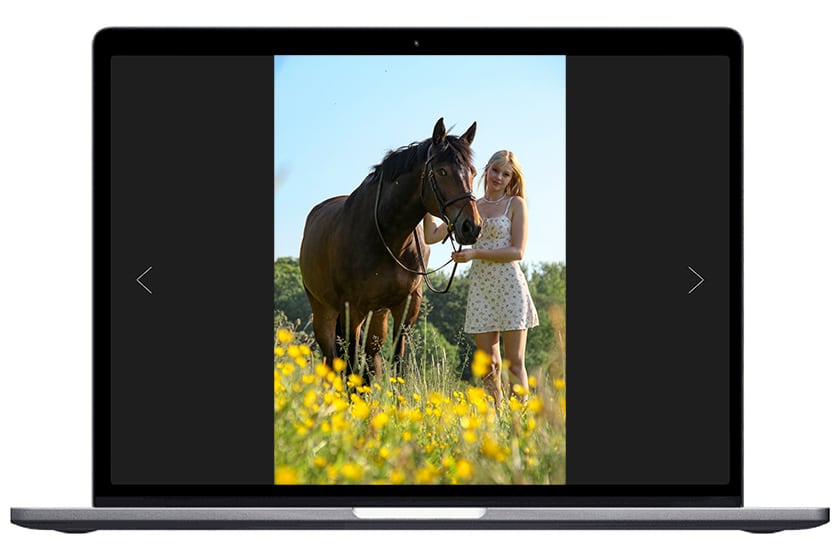 girl with her horse in a field of yellow flowers by Ruby Douglas