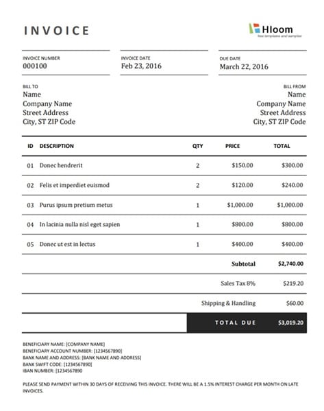 Hloom invoicing