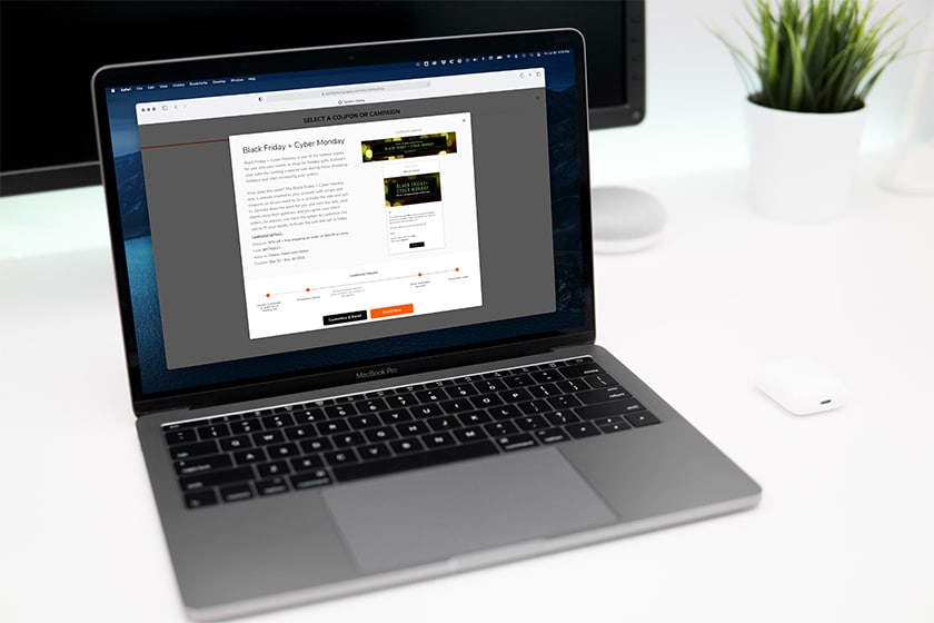 Increase Profit with Automated Sales Campaigns. Image of laptop screen showing Black Friday and Cyber Monday automated campaigns in a Zenfolio portfolio website