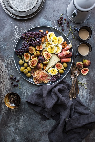 still life plate of food on table