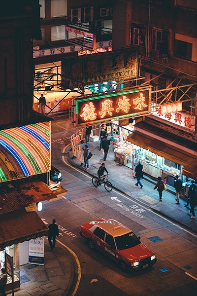 busy street at night with bright lights