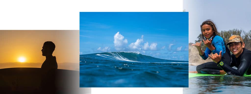 surfer silhouette, cresting wave, young surfers on their boards