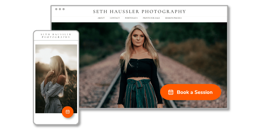 a Zenfolio Photographer website with "Book a Session" button 